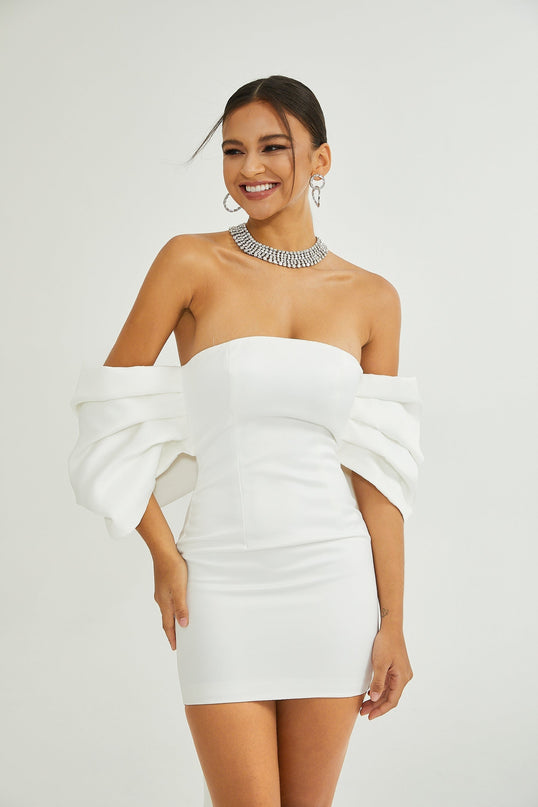 Leilani White Mini Dress with Oversize Bow Detail Sleeveless Off-the-Shoulder Fitted Waistline Straight Hem Mini Length Polyester
