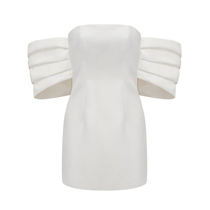 Leilani White Mini Dress with Oversize Bow Detail Sleeveless Off-the-Shoulder Fitted Waistline Straight Hem Mini Length Polyester