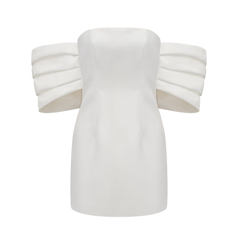 Leilani White Mini Dress with Oversize Bow Detail Sleeveless Off-the-Shoulder Fitted Waistline Straight Hem Mini Length Polyester