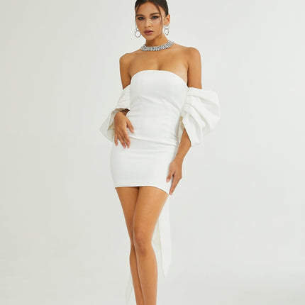 Leilani White Mini Dress with Oversize Bow Detail Sleeveless Off-the-Shoulder Fitted Waistline Straight Hem Mini Length Polyester