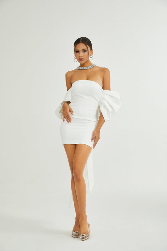 Leilani White Mini Dress with Oversize Bow Detail Sleeveless Off-the-Shoulder Fitted Waistline Straight Hem Mini Length Polyester