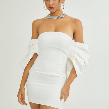 Leilani White Mini Dress with Oversize Bow Detail Sleeveless Off-the-Shoulder Fitted Waistline Straight Hem Mini Length Polyester