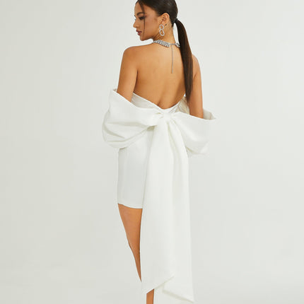 Leilani White Mini Dress with Oversize Bow Detail Sleeveless Off-the-Shoulder Fitted Waistline Straight Hem Mini Length Polyester