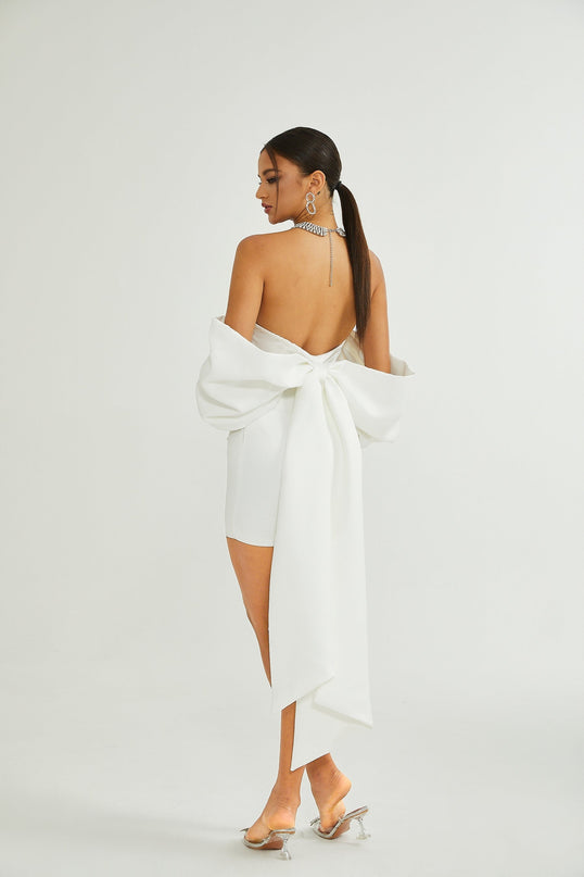 Leilani White Mini Dress with Oversize Bow Detail Sleeveless Off-the-Shoulder Fitted Waistline Straight Hem Mini Length Polyester