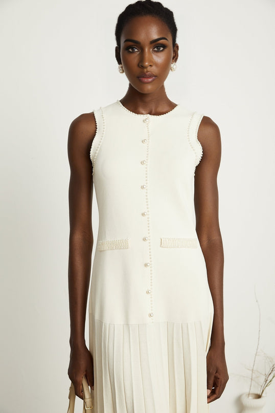 Léocadie white knitted fauxpearl midi dress