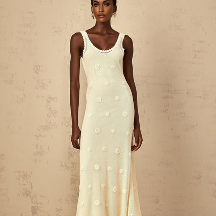Leona crochet knit maxi dress in Neutrals with floral embroidery and cut-out detailing