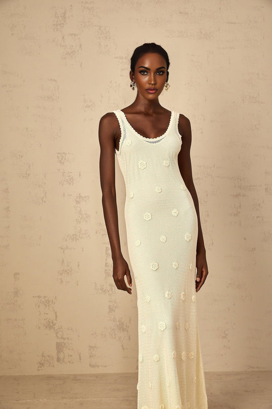 Leona Maxi Dress Neutrals Crochet Knit Floral Embroidery U-neck Sleeveless Cut-out Detailing Rear Tie Fastening 58% Cellulose Fiber 42% Cotton