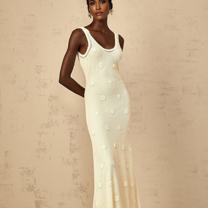 Leona Maxi Dress in Neutrals crochet knit and floral embroidery