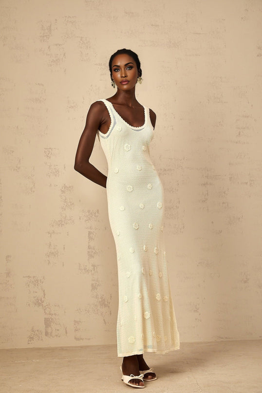 Leona Maxi Dress in Neutrals crochet knit and floral embroidery