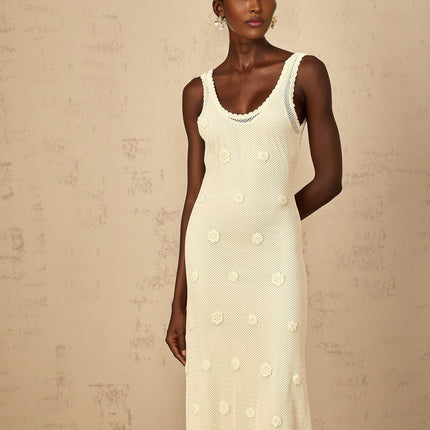 Leona Maxi Dress in Neutrals Crochet Knit Floral Embroidery U-neck Sleeveless Cut-out Detailing Rear Tie Fastening 58% Cellulose fiber 42% Cotton