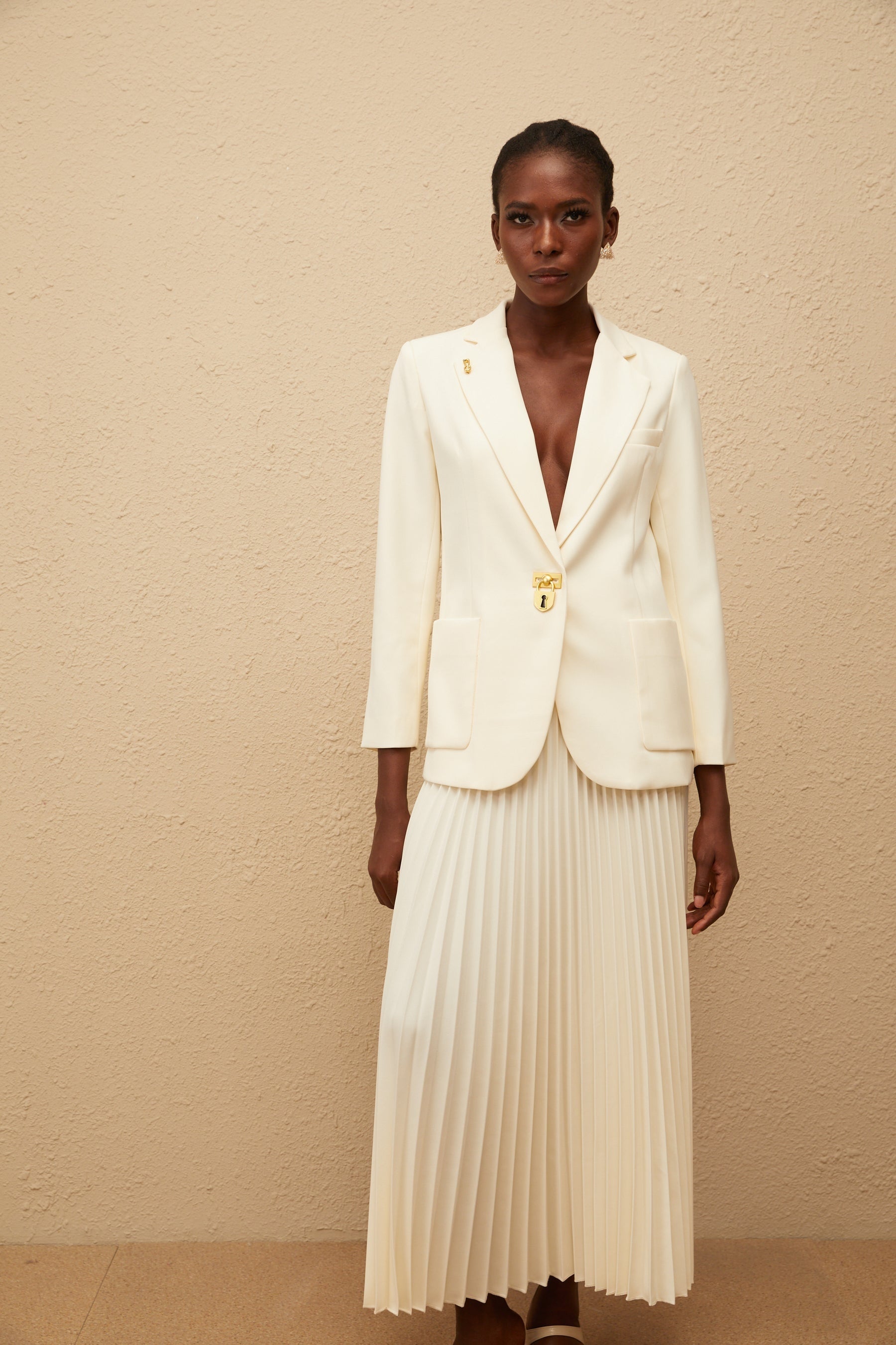 Léonide Neutral Lock Detail Blazer  Skirt Set