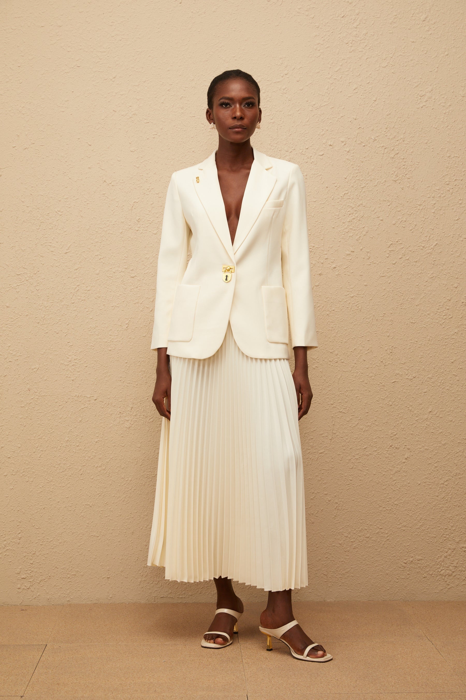 Léonide Neutral Lock Detail Blazer  Skirt Set