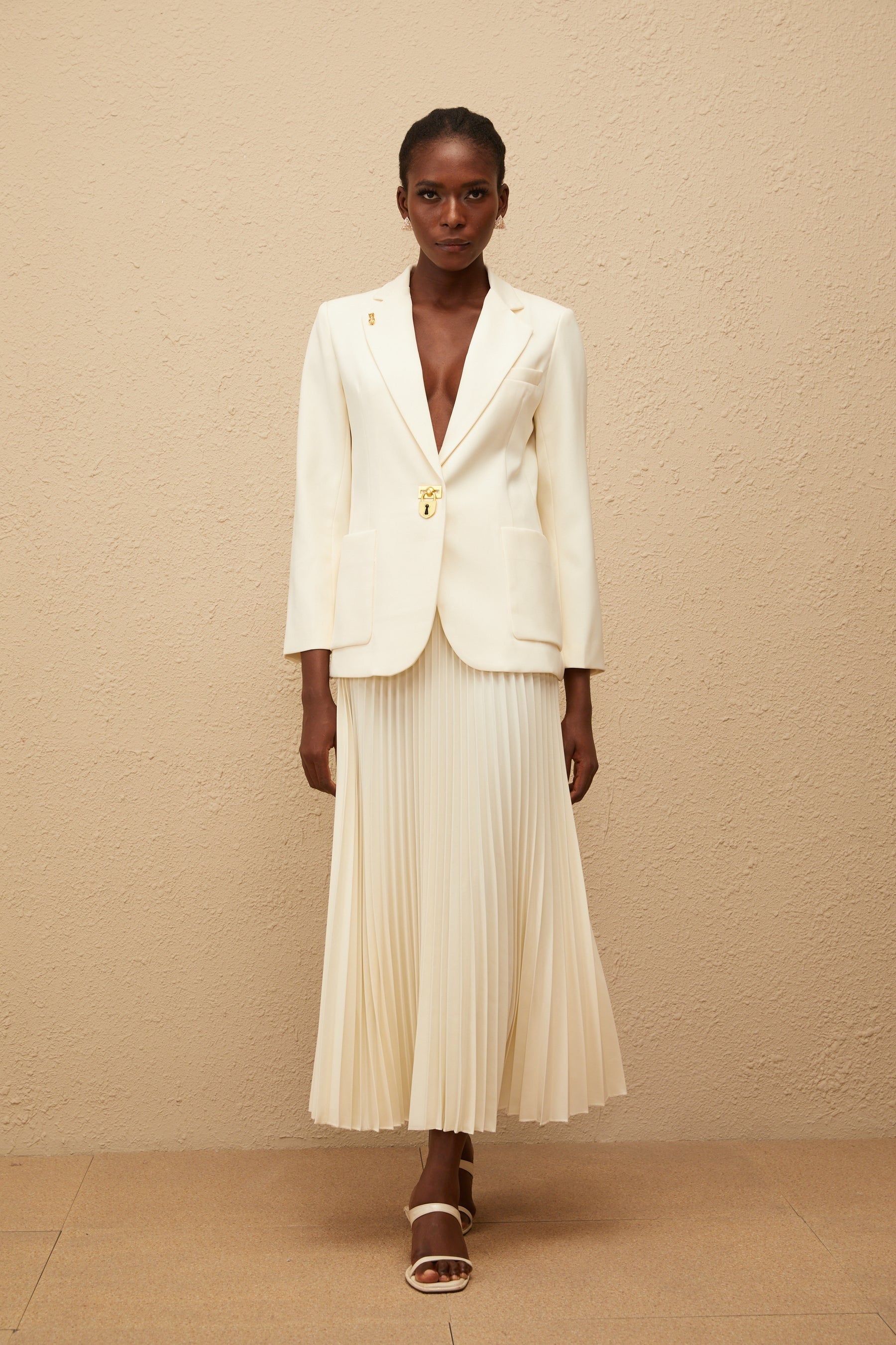 Léonide Neutral Lock Detail Blazer  Skirt Set