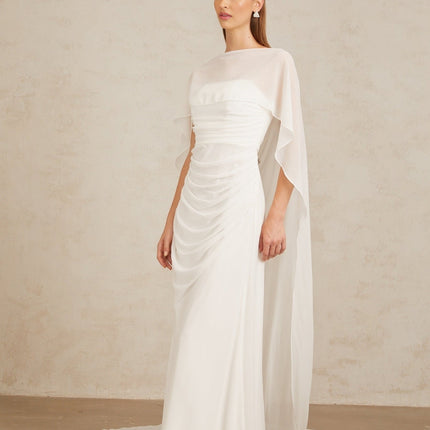 Leonie White Tulle Cape Dress Set in White Terylene Spandex Fabric