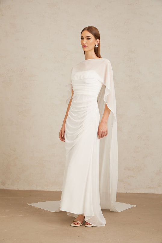 Leonie White Tulle Cape Dress Set in White Terylene Spandex Fabric