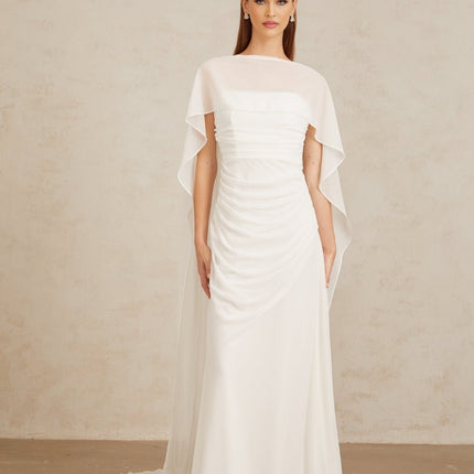 Leonie White Tulle Cape Dress Set in White Terylene Spandex Blend