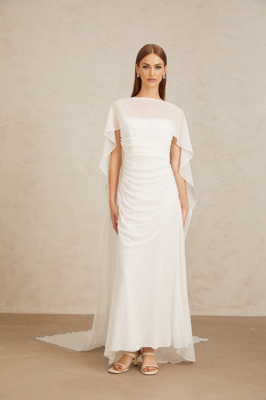 Leonie White Tulle Cape Dress Set in White Terylene Spandex Blend