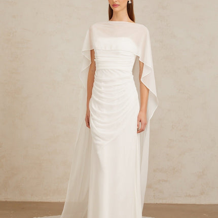 Leonie White Tulle Cape Dress Set in White Tulle with Ruched Detailing and Asymmetrical Hemline