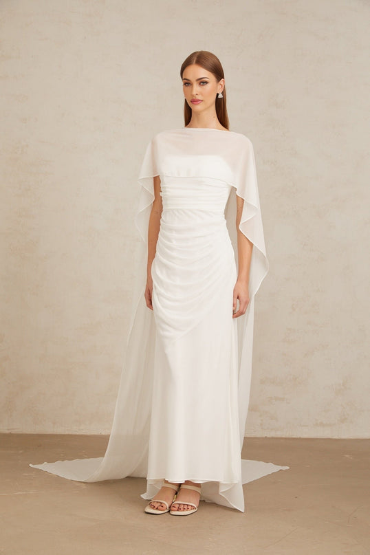 Leonie White Tulle Cape Dress Set in White Tulle with Ruched Detailing and Asymmetrical Hemline
