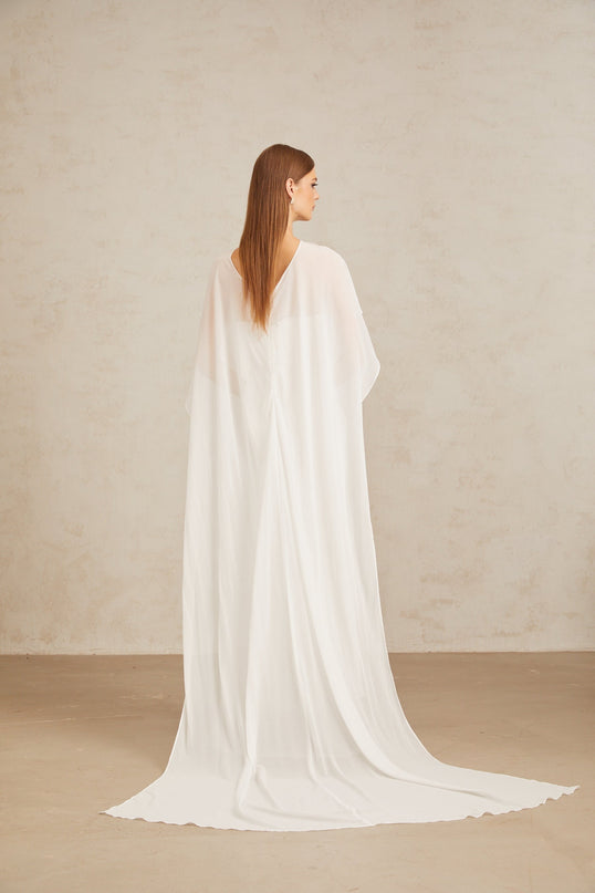 Léonie White Tulle Cape & Dress Set for special occasions with off-the-shoulder silhouette and rear lace-up fastening