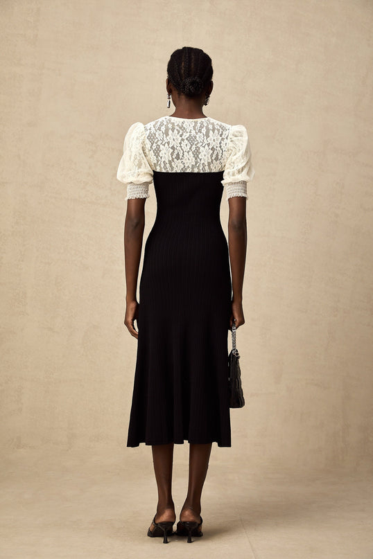 Leslie Black Lace Panelled Puff Sleeve Midi Dress with Faux-Pearl Embellishment