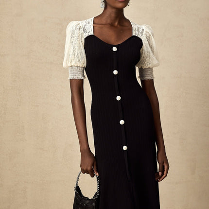 Leslie Black Lace Panelled Puff Sleeve Midi Dress with Decorative Button Detailing