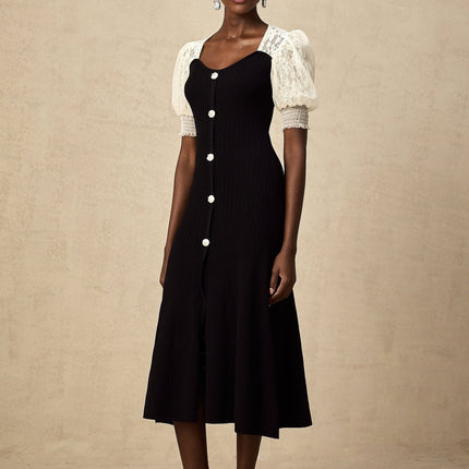 Leslie Black Lace Panelled Puff Sleeves Midi Dress
