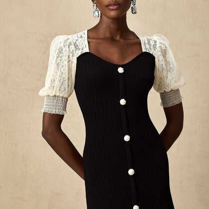 Leslie Black Lace Panelled Puff Sleeves Midi Dress