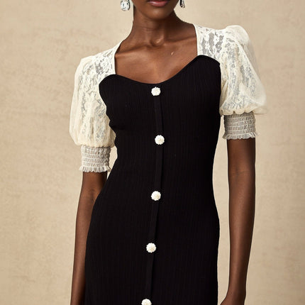 Leslie Black Lace Panelled Puff Sleeves Midi Dress