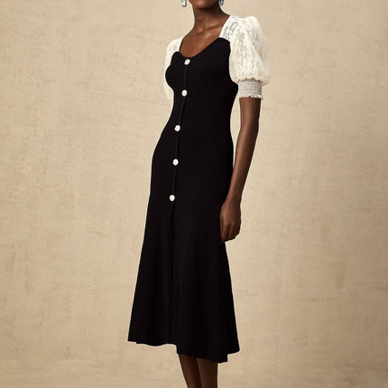 Leslie Black Lace Panelled Puff Sleeves Midi Dress