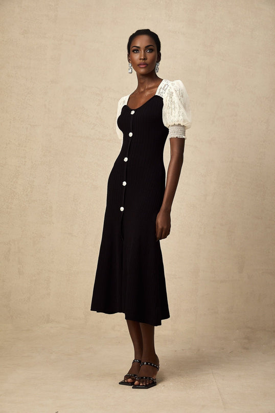 Leslie Black Lace Panelled Puff Sleeves Midi Dress