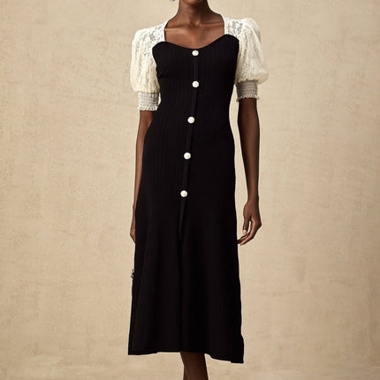 Leslie Black Lace Panelled Puff Sleeves Midi Dress