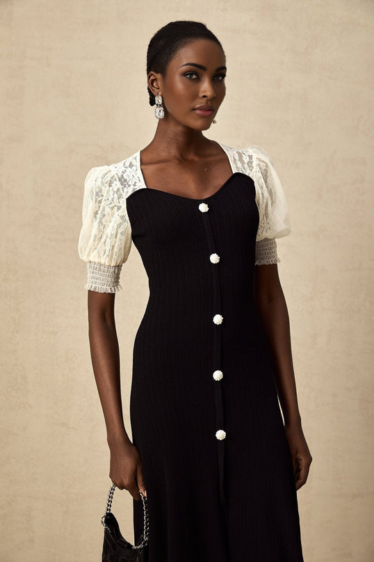 Leslie Black Lace Panelled Puff Sleeves Midi Dress