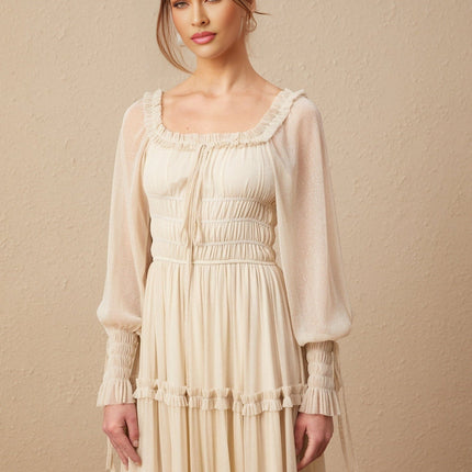 Leslie Metallic Threading Midi Dress in stunning Neutrals square neck long semi-sheer sleeves elasticated cuffs self-tie neck tiered shirred design fully pleated full skirt chic mid-length special occasions timeless wardrobe