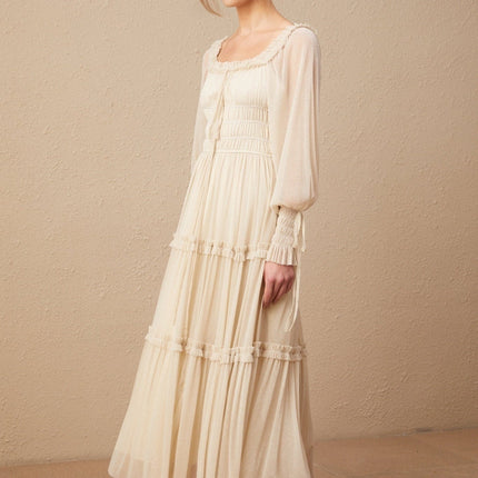 Leslie Metallic Threading Midi Dress in stunning Neutrals Square Neck Long Sleeves Elasticated Cuffs Self-tie Neck Tiered Shirred Design Pleated Full Skirt Mid-length