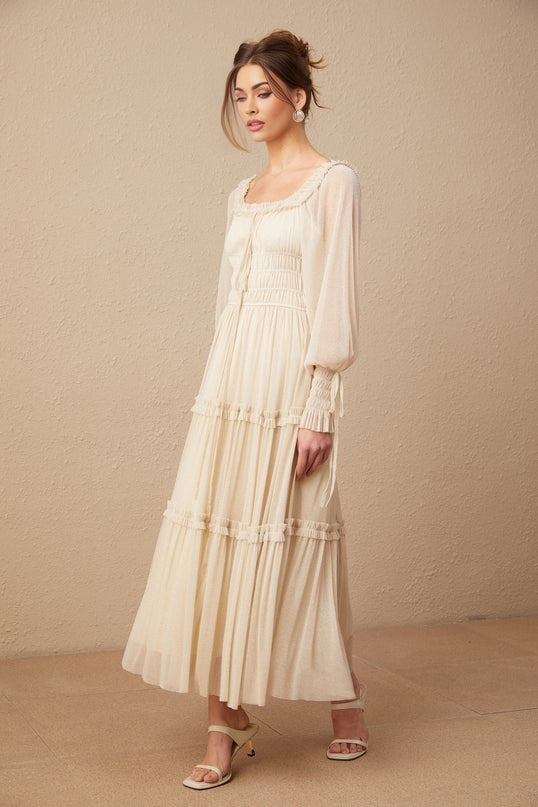 Leslie Metallic Threading Midi Dress in stunning Neutrals Square Neck Long Sleeves Elasticated Cuffs Self-tie Neck Tiered Shirred Design Pleated Full Skirt Mid-length