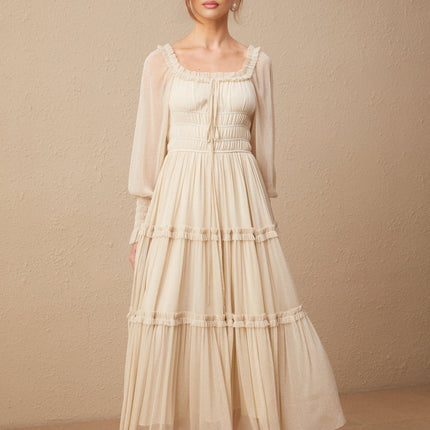 Leslie Metallic Threading Midi Dress in stunning neutrals square neck long semi-sheer sleeves elasticated cuffs self-tie neck tiered shirred design pleated full skirt mid-length ideal special occasions timeless addition wardrobe
