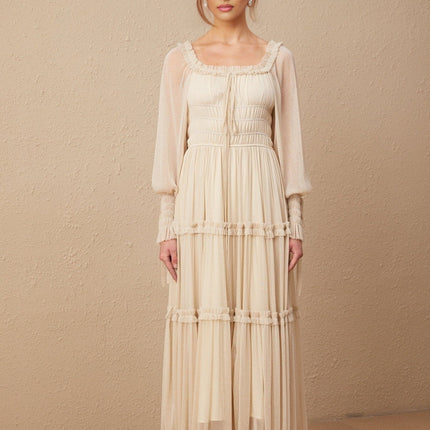 Leslie Metallic Threading Midi Dress in stunning Neutrals square neck long semi-sheer sleeves tiered shirred design full skirt chic mid-length