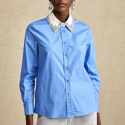 Lesly Blue Rhinestone Block Embellished & Chic Shirt