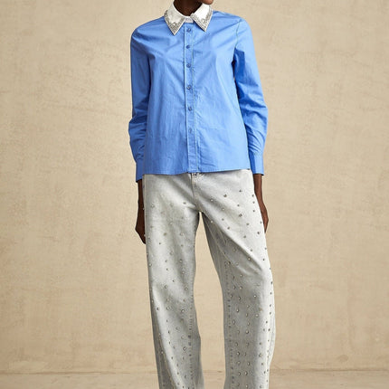 Lesly Blue Rhinestone Block Embellished & Chic Shirt