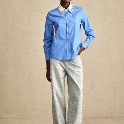 Lesly Blue Rhinestone Block Embellished Chic Shirt
