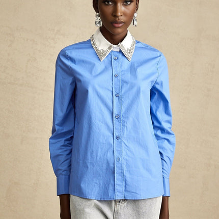 Lesly Blue Rhinestone Block Embellished & Chic Shirt