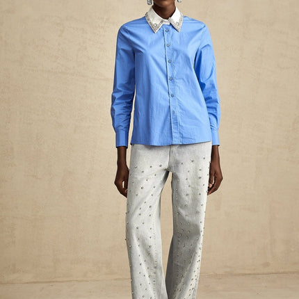 Lesly Blue Rhinestone Block Embellished Chic Shirt