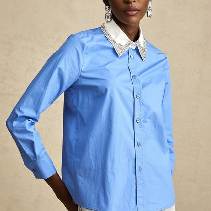 Lesly Blue Rhinestone Block Embellished Shirt