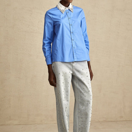 Lesly Blue Rhinestone Block Embellished Shirt