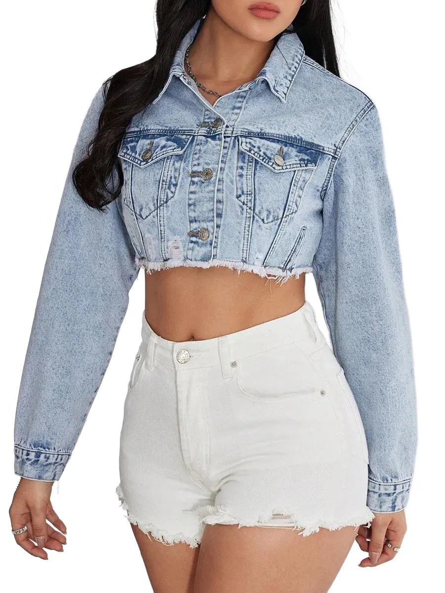 Lesly Cropped Denim Jacket with Distressed Hem in Blue - Blue