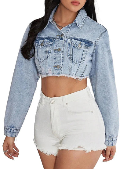 Lesly Cropped Denim Jacket with Distressed Hem in Blue - Blue