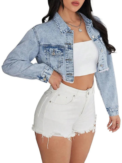 Lesly Cropped Denim Jacket with Distressed Hem in Blue - Blue