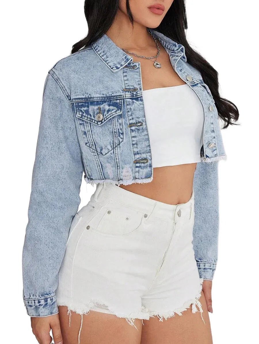 Lesly Cropped Denim Jacket with Distressed Hem in Blue - Blue