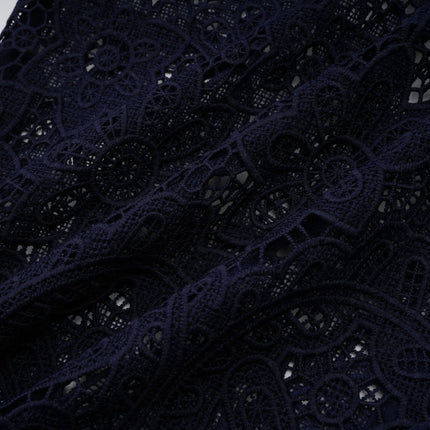Lesly Dark Blue & White Floral Crochet Lace Midi Dress with Collar and Floral Appliqué
